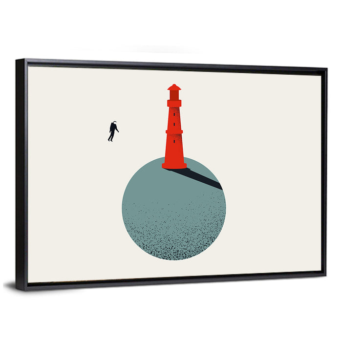 Red Lighthouse on Planet Wall Art as a framed canvas