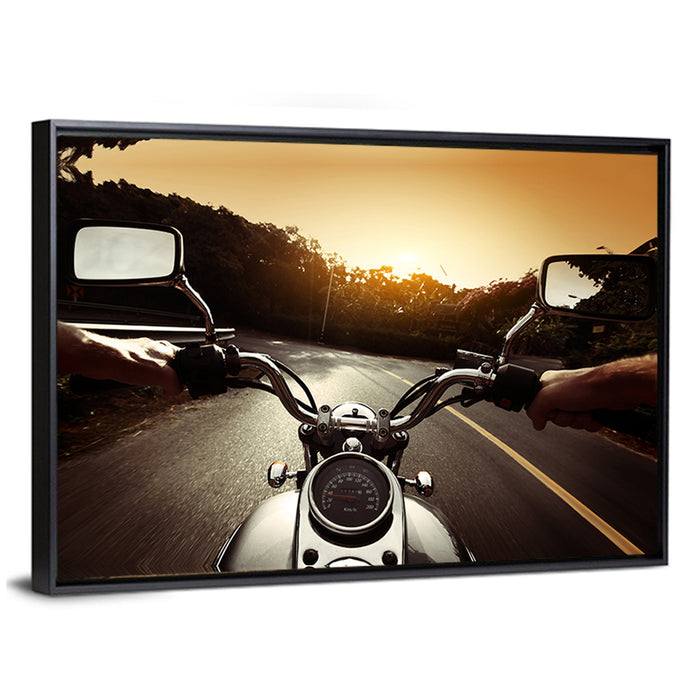 Motorcycle Handlebar View at Sunset Wall Art as a framed canvas