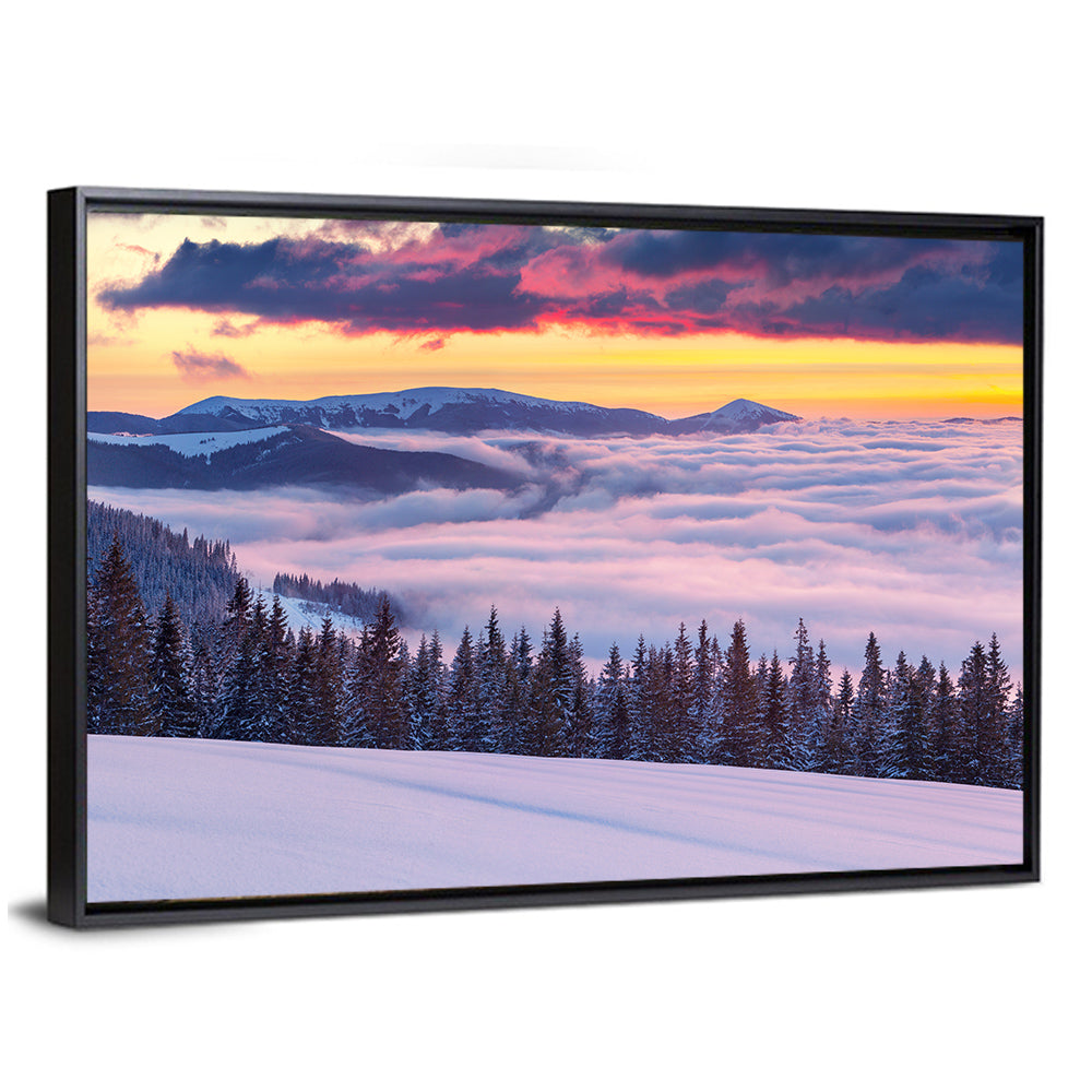 Morning Fog Over Winter Peaks Wall Art