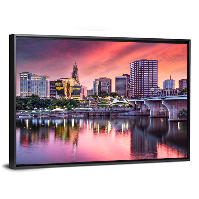Hartford Skyline at Sunset Wall Art as a framed canvas