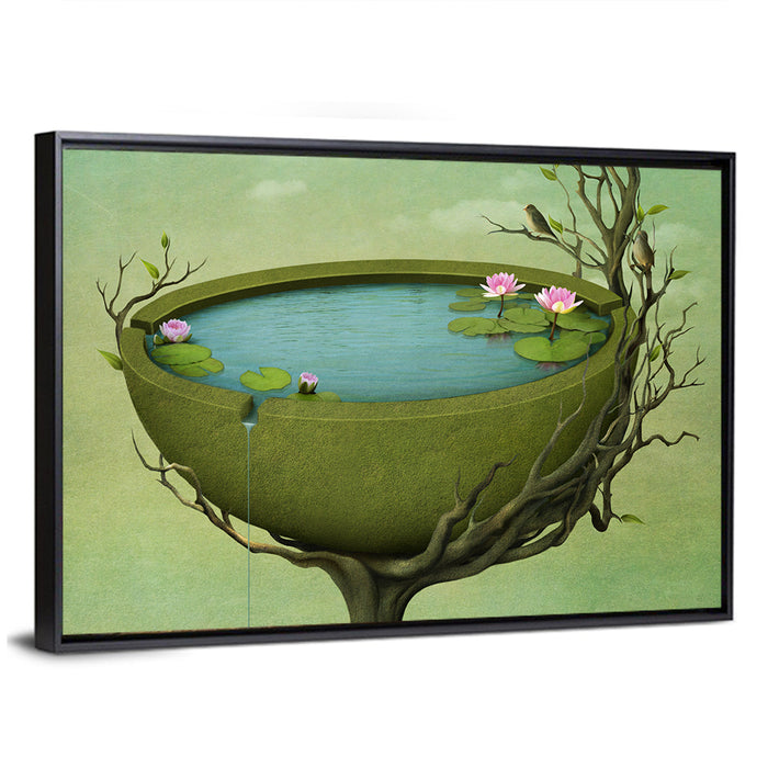 Surreal Tree Basin with Water Lilies Wall Art as a framed canvas