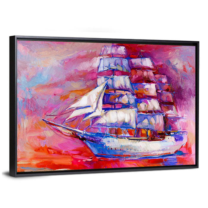 Colorful Tall Ship at Sea Wall Art as a framed canvas