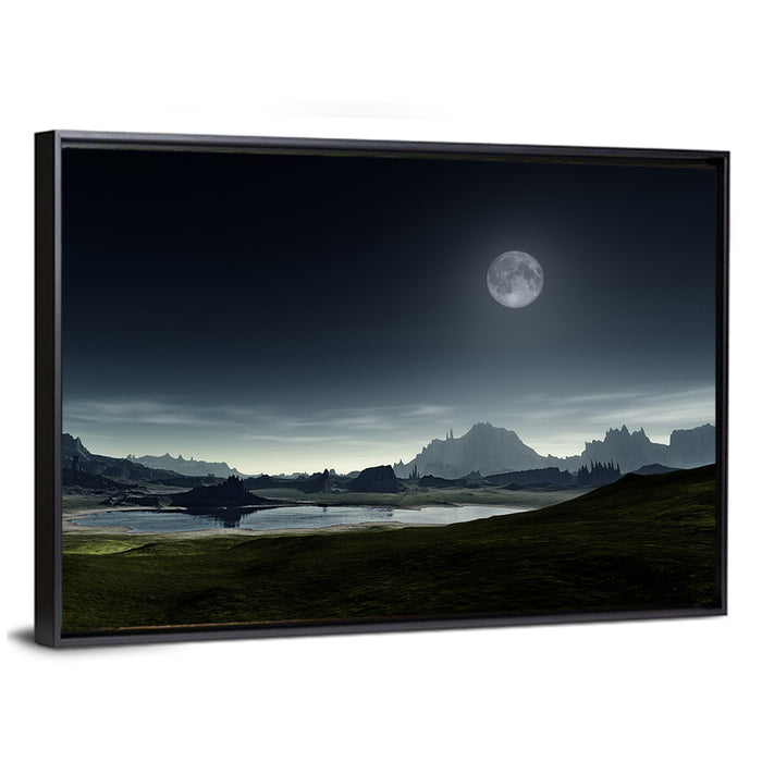 Crescent Moon Over Mountain Lake Wall Art as a framed canvas