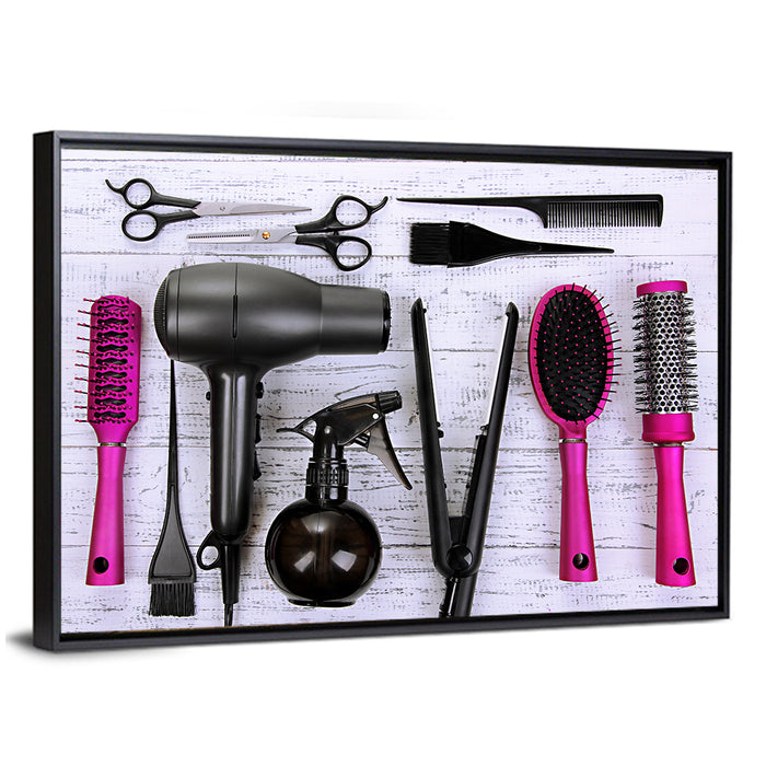 Hair Styling Tools Flat Lay Wall Art as a framed canvas