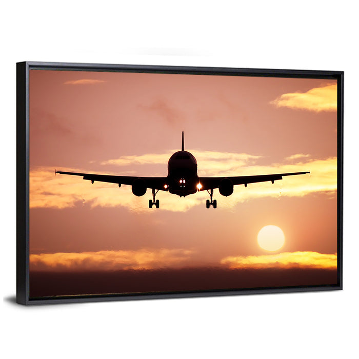 Airplane with Landing Gear at Sunset Wall Art as a framed canvas