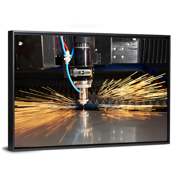 Laser Cutter Sparks on Metal Wall Art as a framed canvas