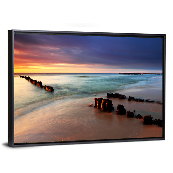 Poland Beach Sunrise Wall Art as a framed canvas