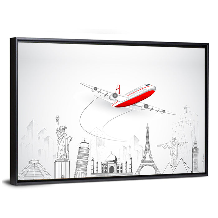 Airplane Over World Landmarks Wall Art as a framed canvas