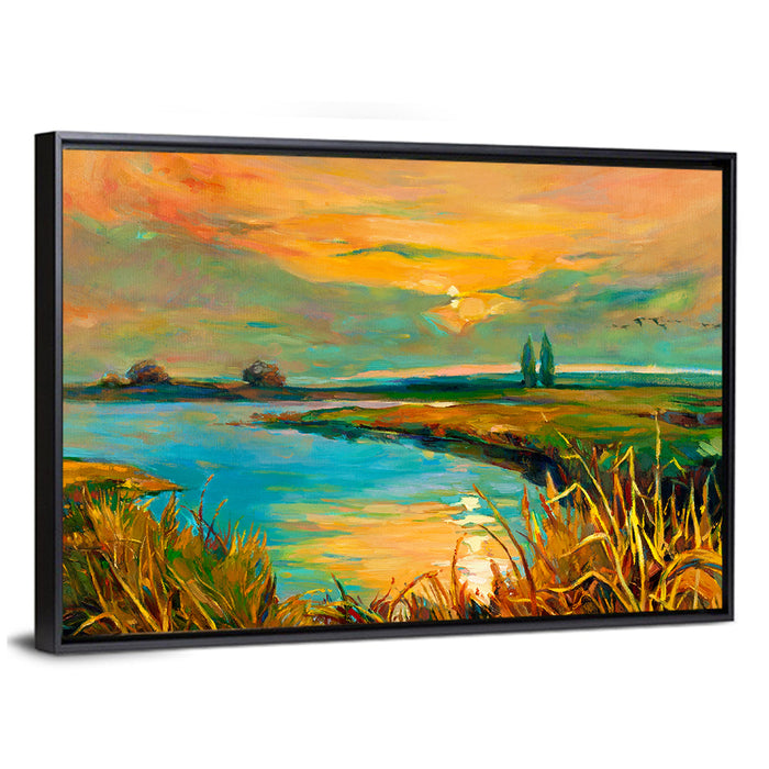 Golden Lake Sunset Wall Art as a framed canvas