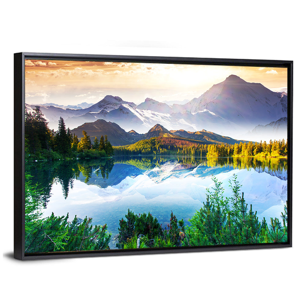 Sunlit Mountain Lake Reflection Wall Art