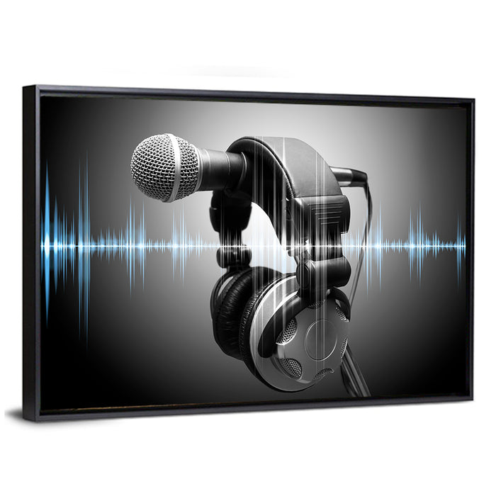 Headphones on Microphone with Sound Waves Wall Art as a framed canvas