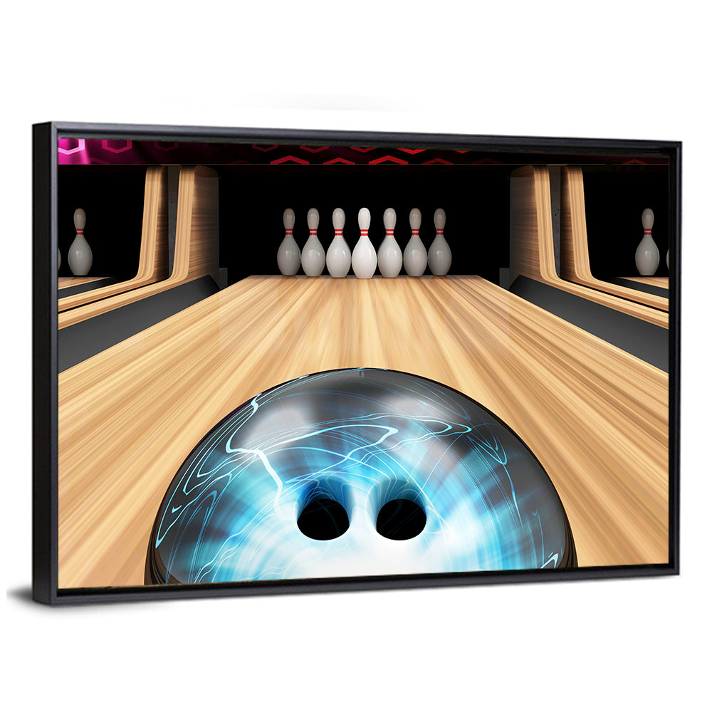 Glowing Blue Bowling Ball on Wooden Lane Wall Art