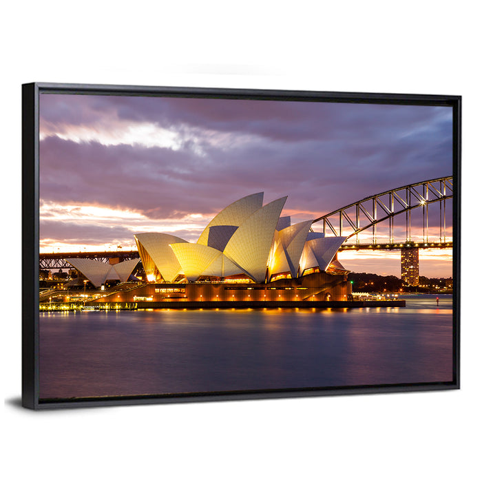 Sydney Opera House at Dusk with Harbour Bridge Wall Art as a framed canvas