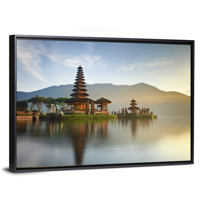 Ulun Danu Beratan Temple at Sunrise Wall Art as a framed canvas