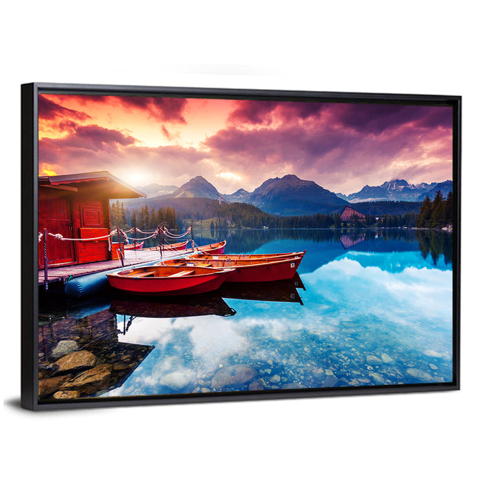 High Tatras Sunset Lake with Red Boats Wall Art as a framed canvas