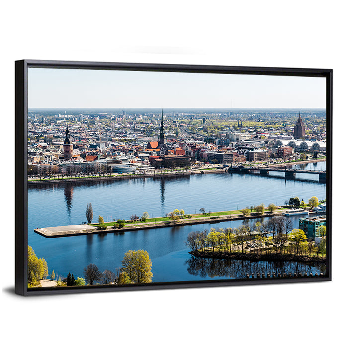 Riga Riverfront with St. Peter's Church Wall Art as a framed canvas