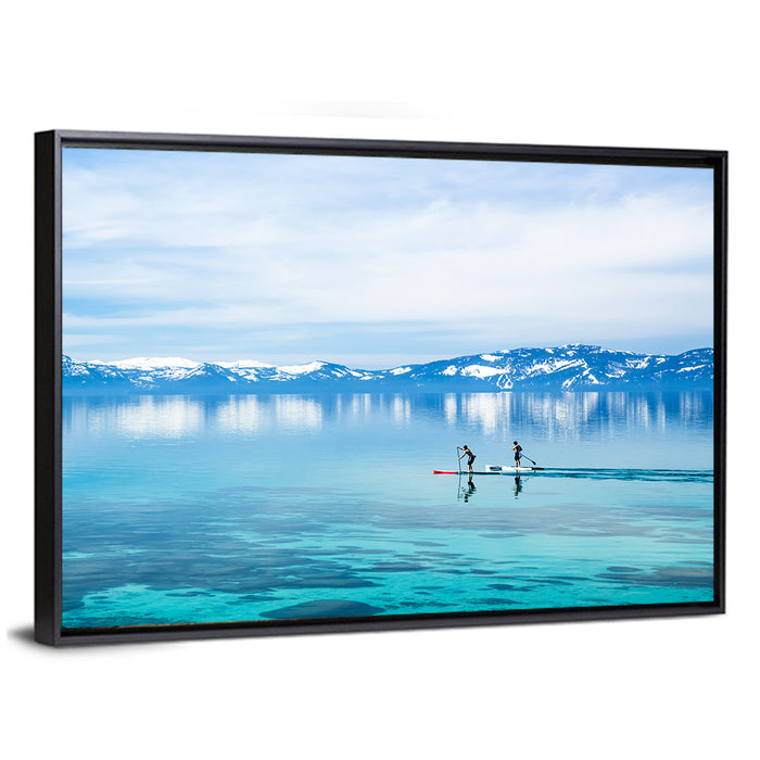 Two Paddleboarders on Mountain Lake Wall Art as a framed canvas