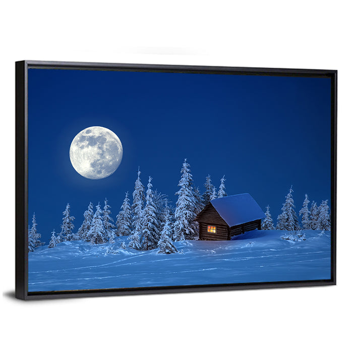 Moonlit Winter Cabin in Forest Wall Art as a framed canvas