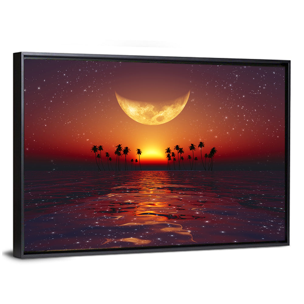 Golden Crescent Over Tropical Sunset Wall Art