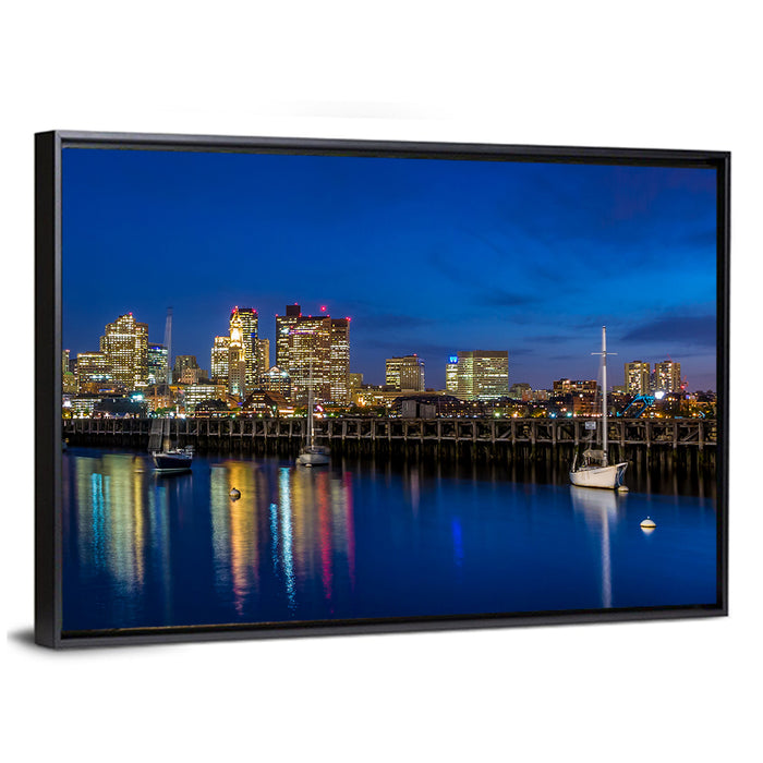 Boston Harbor Night Skyline Wall Art as a framed canvas