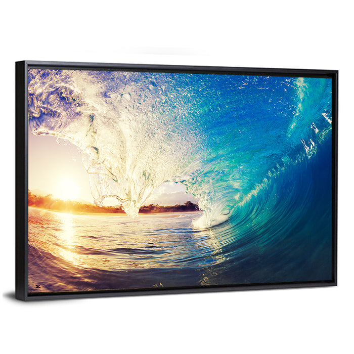 Barrel Wave at Sunrise Wall Art as a framed canvas