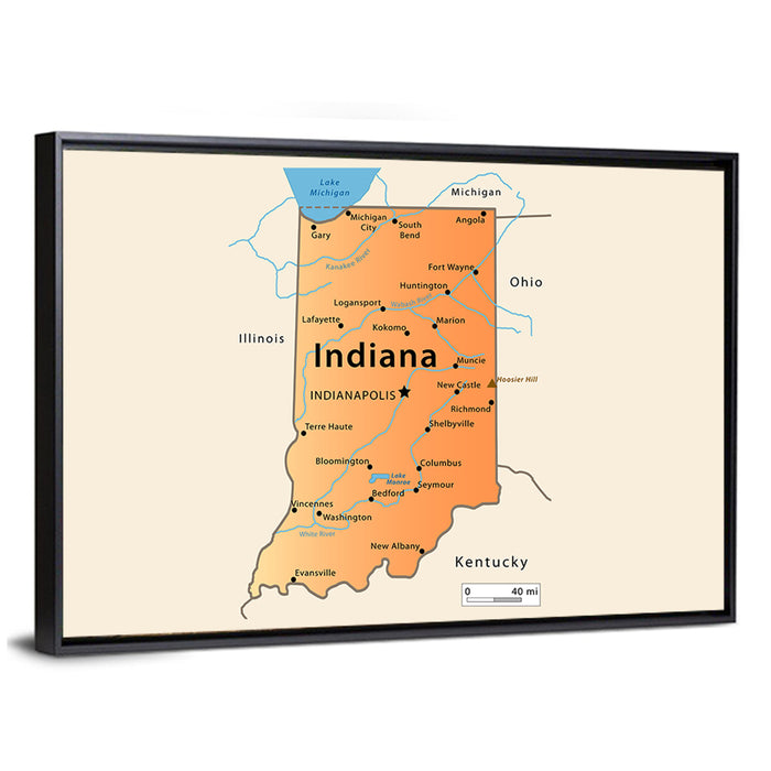 Indiana State Map Wall Art as a framed canvas