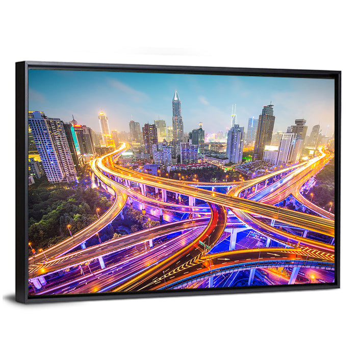 Shanghai Highway Skyline Wall Art as a framed canvas