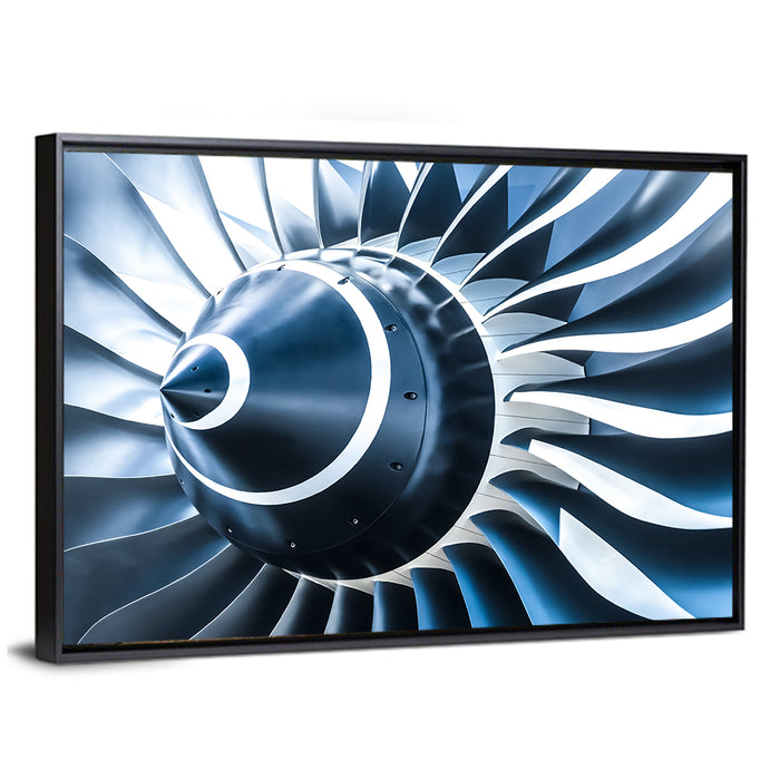 Blue Jet Turbine Blades Closeup Wall Art as a framed canvas