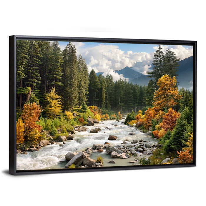 Autumn Mountain Stream with Rapids Wall Art as a framed canvas