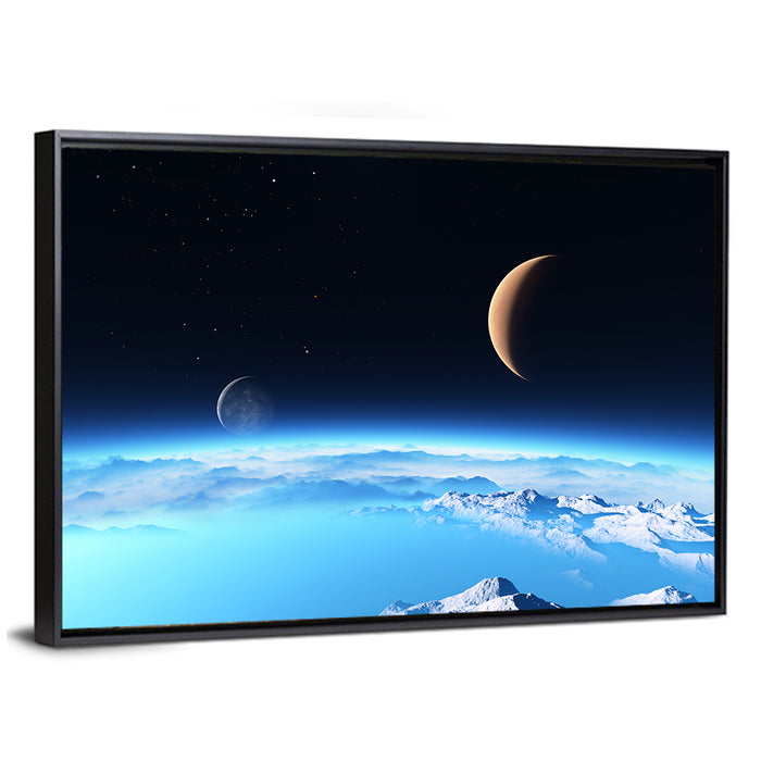 Ice Planet with Crescent Moon Wall Art as a framed canvas