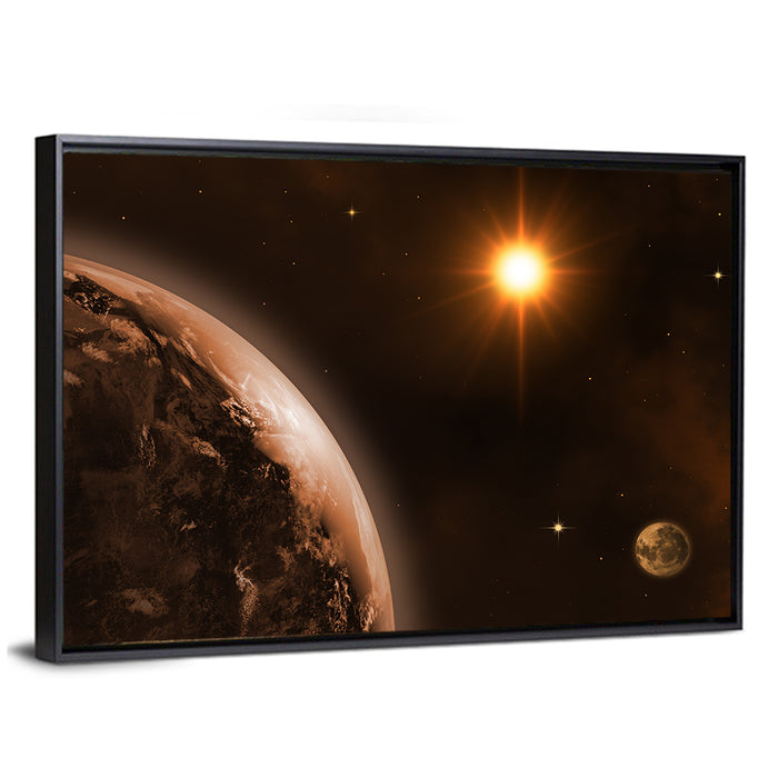 Crescent Planet with Golden Star and Moon Wall Art as a framed canvas