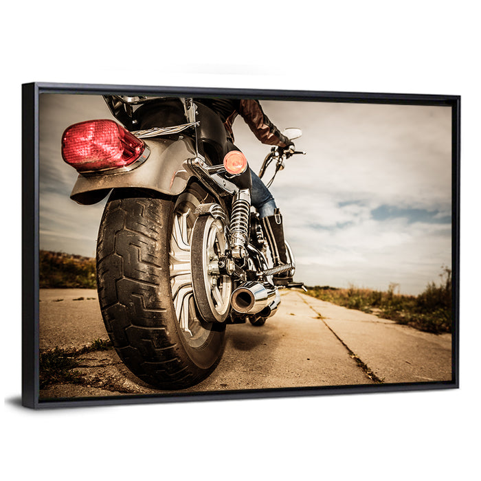 Low Angle Motorcycle Rear View Wall Art as a framed canvas