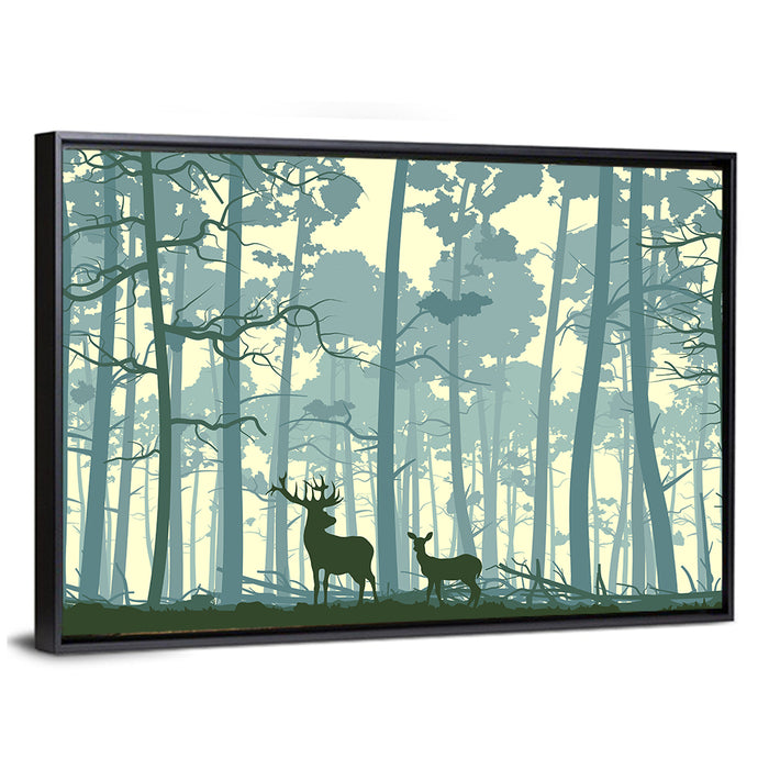 Deer Pair in Teal Forest Wall Art as a framed canvas