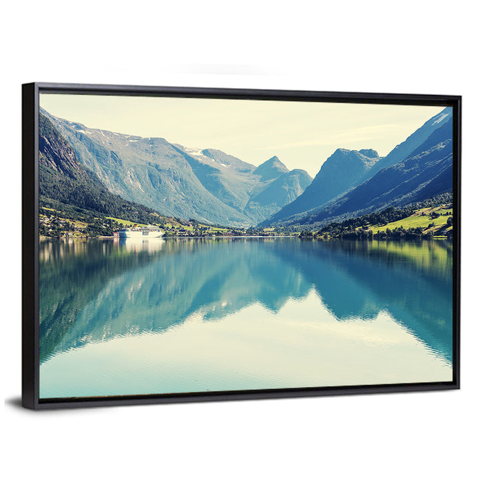 Scandinavian Mountain Lake Harbor Wall Art as a framed canvas
