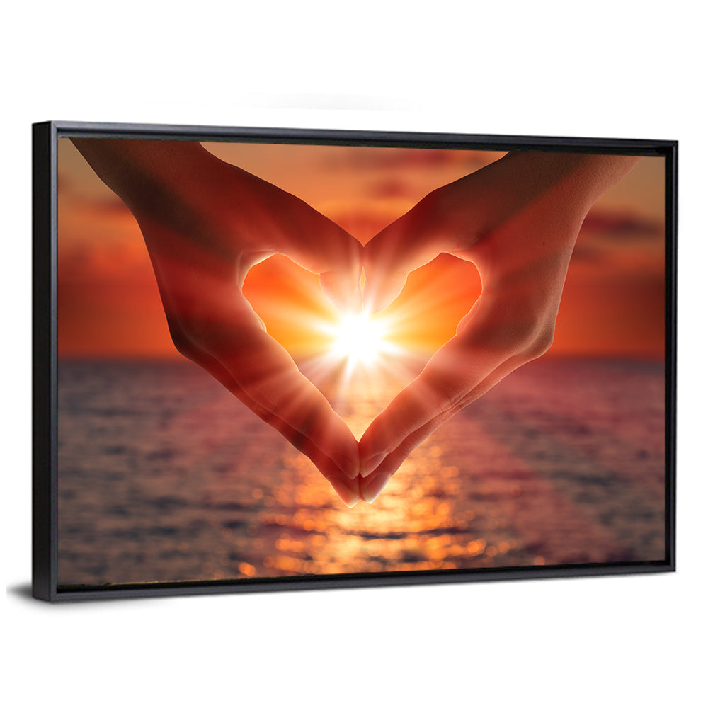 Hands Forming Heart at Sunset Wall Art
