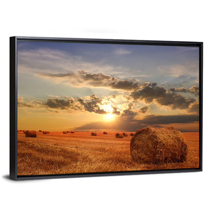 Golden Hour Hay Bale Wall Art as a framed canvas