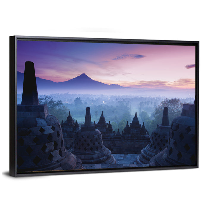 Misty Sunrise at Borobudur Wall Art as a framed canvas