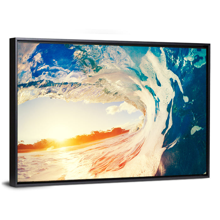 Blue Barrel Wave at Sunset Wall Art as a framed canvas
