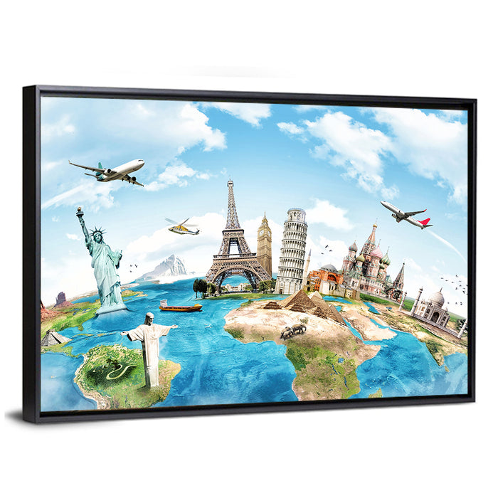 World Monuments Map Wall Art as a framed canvas