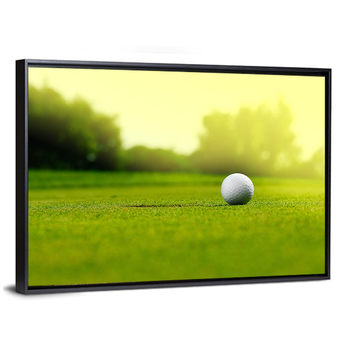 Dimpled Golf Ball on Putting Green Wall Art as a framed canvas
