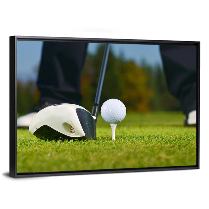 Golf Ball and Club Close Up Wall Art as a framed canvas