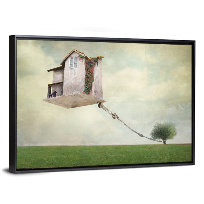 Floating House with Pulley Wall Art as a framed canvas