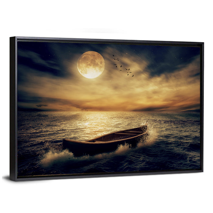 Moonlit Boat in Stormy Ocean Wall Art as a framed canvas
