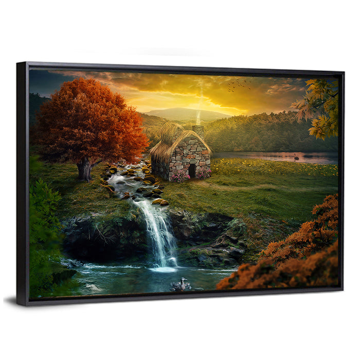Thatched Cottage by Mountain Stream Wall Art as a framed canvas