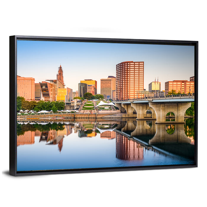 Hartford Skyline with River Reflection Wall Art as a framed canvas