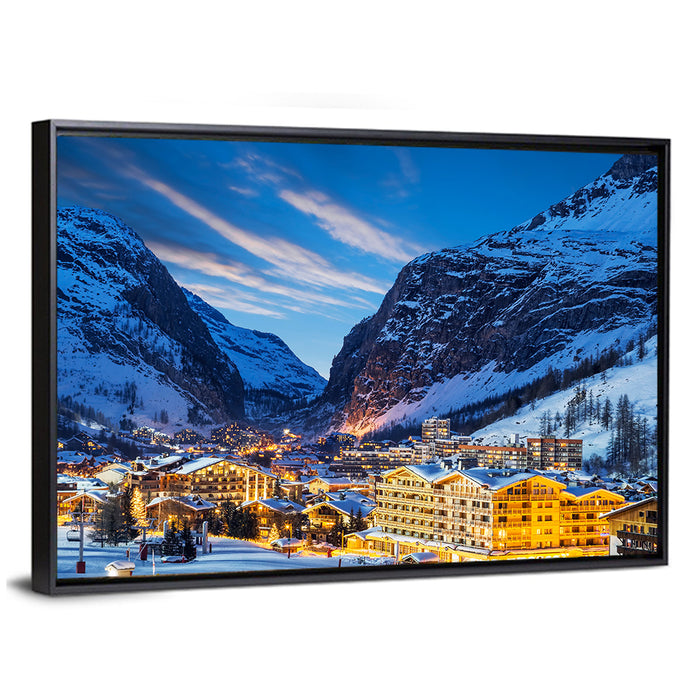 Twilight Ski Village in the French Alps Wall Art as a framed canvas