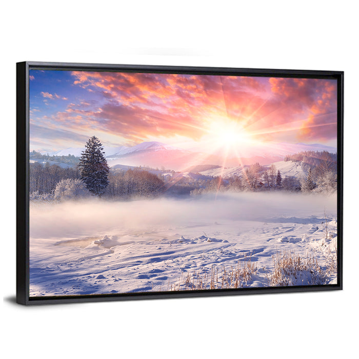 Sunrise Over Snowy Mountain Village Wall Art as a framed canvas