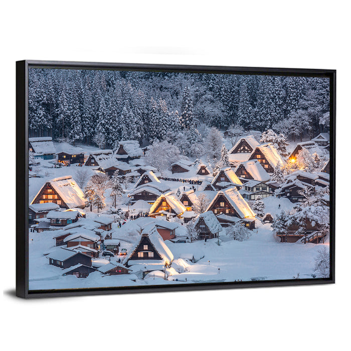 Shirakawa-go Lighted Village Wall Art as a framed canvas