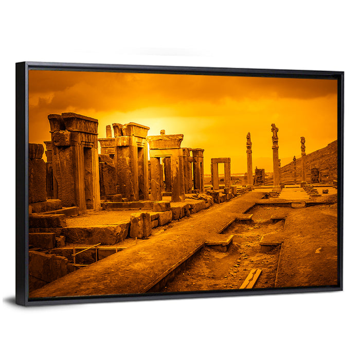 Persepolis Ruins at Golden Dusk Wall Art as a framed canvas