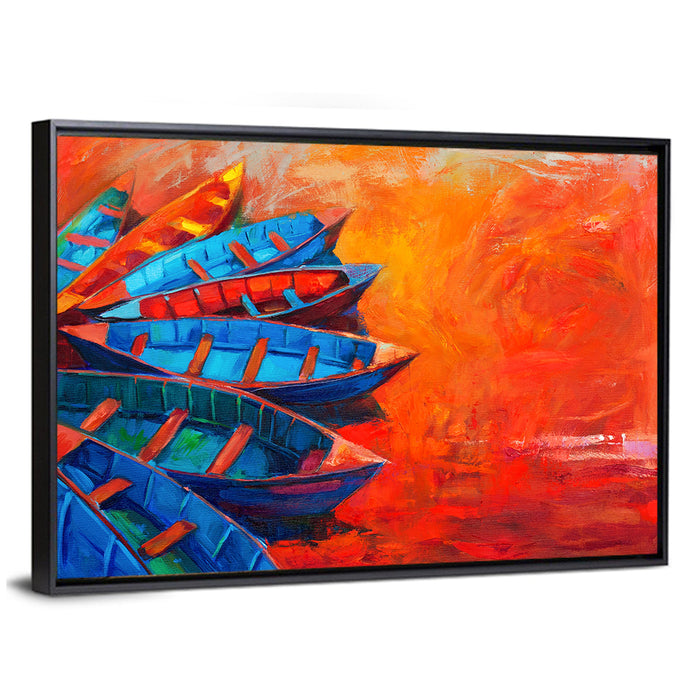 Harbor Boats at Sunset Wall Art as a framed canvas